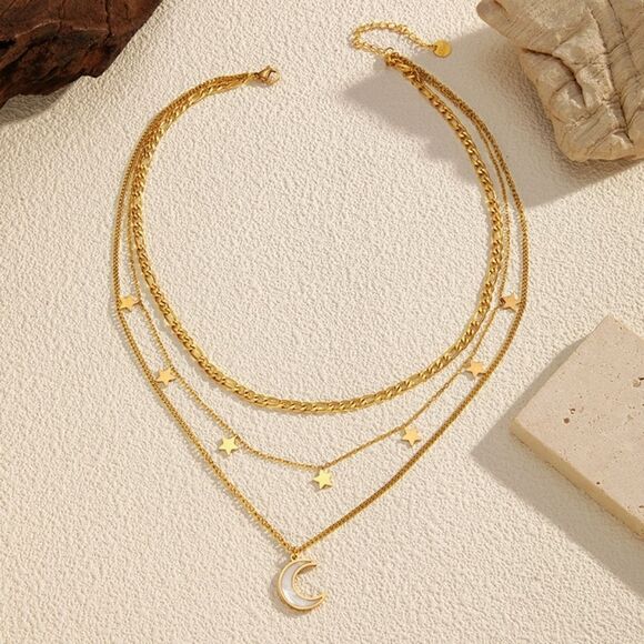 Celestial 18K Gold-Plated  Layered Necklace with Stars and Moon Charm - Picture 2 of 6